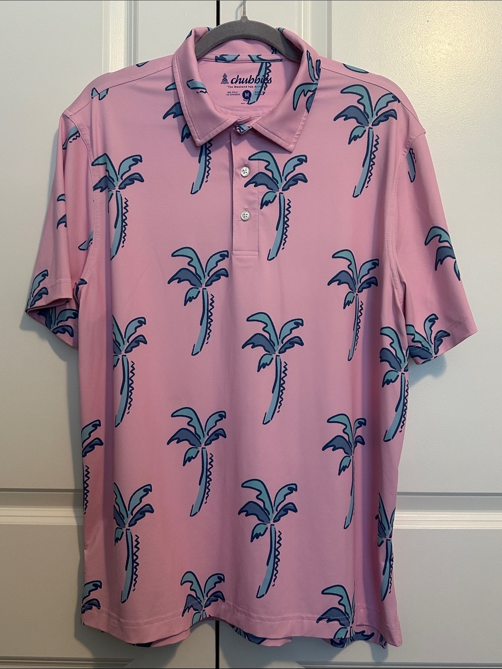 Chubbies Mens Pink Palm Tree Performance Polo Shirt Medium Bamboo Spandex Golf